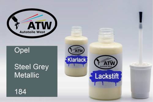 Opel, Steel Grey Metallic, 184: 20ml Lackstift + 20ml Klarlack - Set, von ATW Autoteile West.